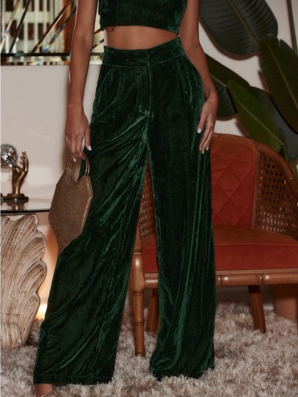 12th Tribe Emerald Velvet Wide-Leg Pants